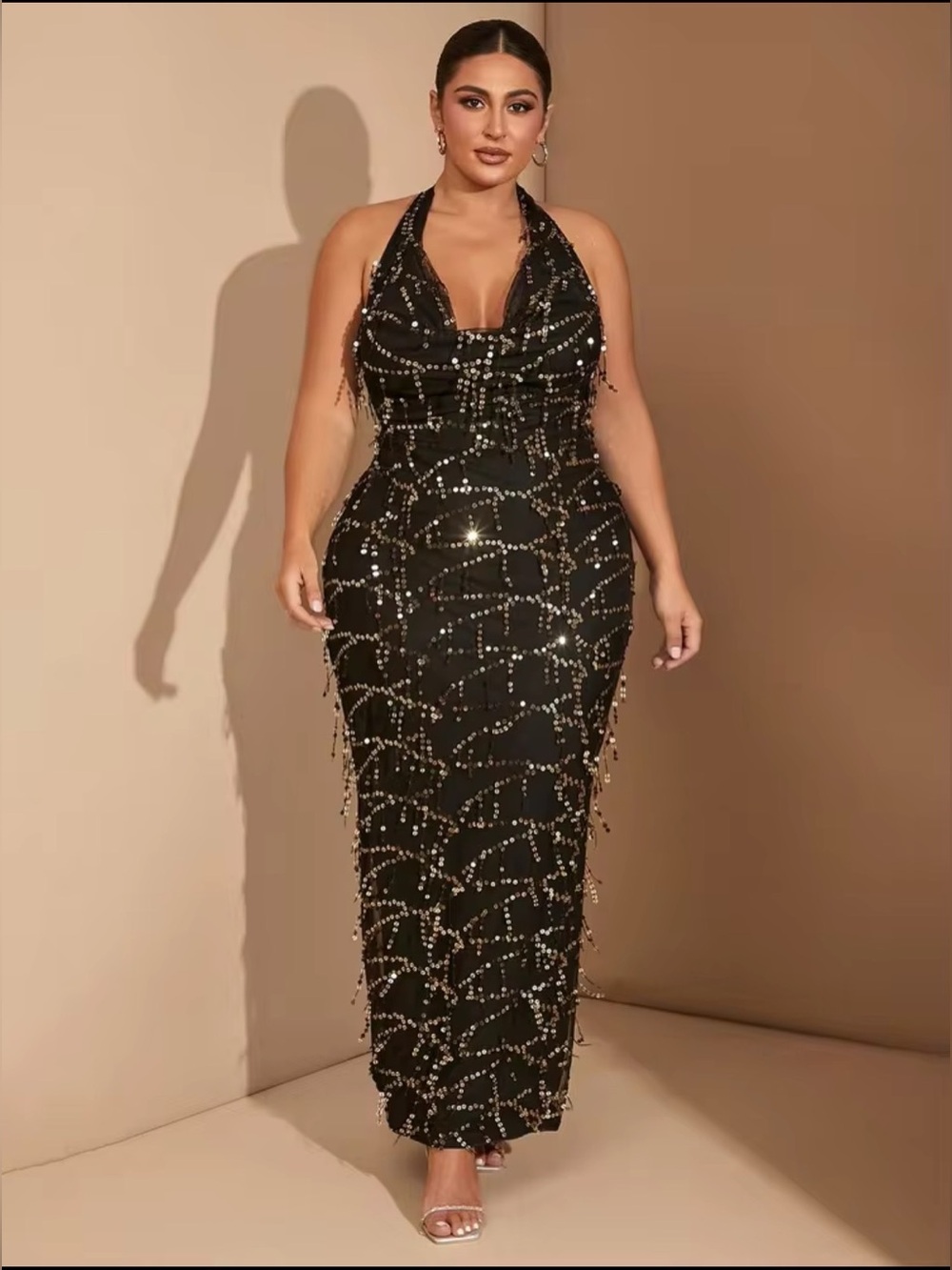 SHEIN Black Mesh Sequin Halter Maxi Evening Dress 3XL